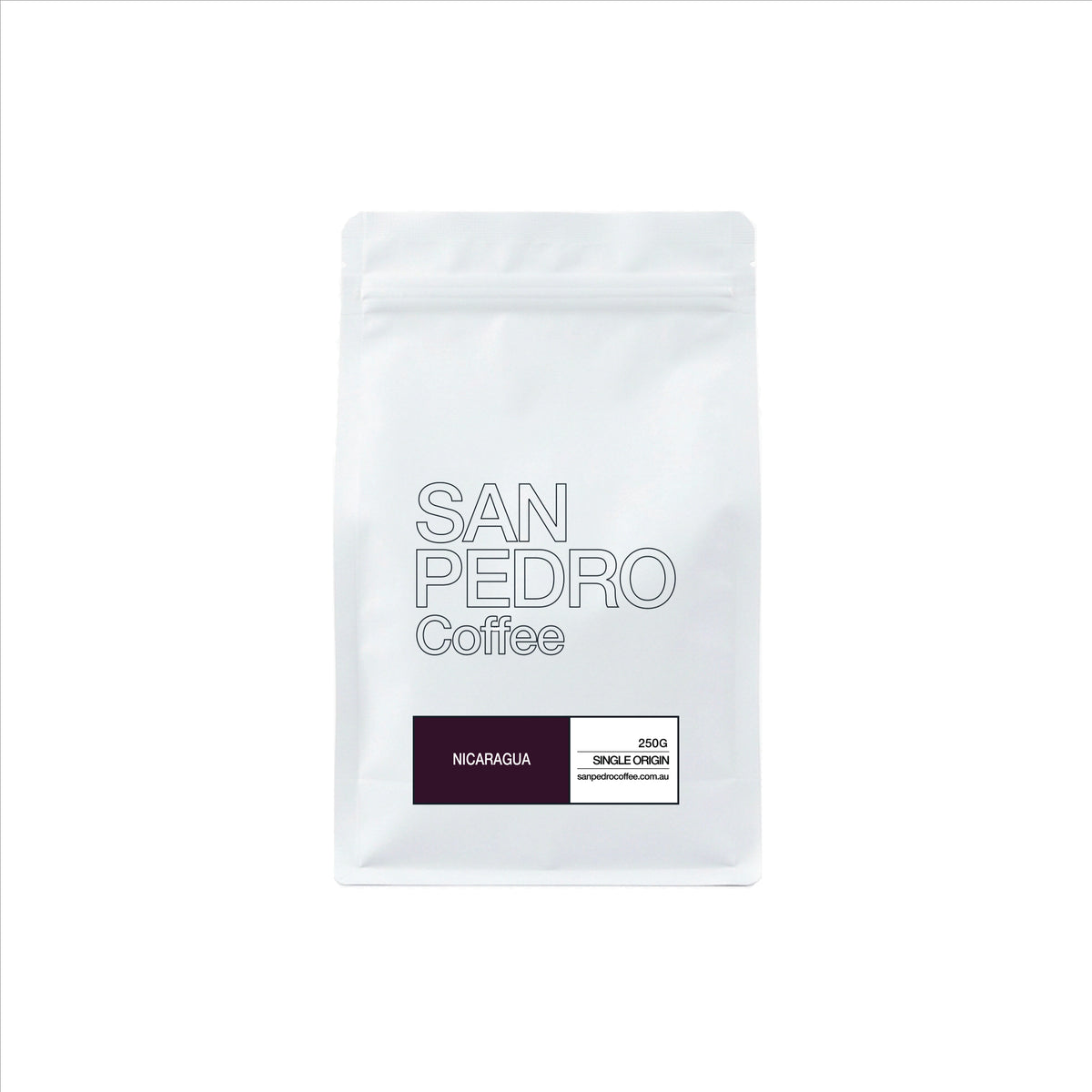 A white stand-up coffee bag with the text 'SAN PEDRO Coffee' in gray outline lettering, plus a small dark purple label reading 'NICARAGUA' and '2000 SINGLE ORIGIN'.