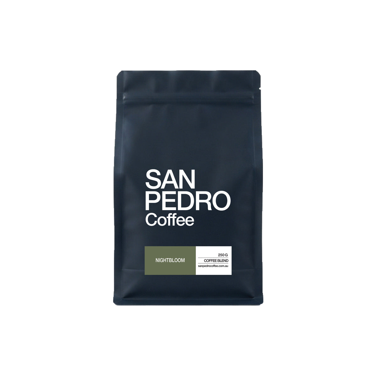 A dark navy blue stand-up coffee bag with white text reading 'SAN PEDRO Coffee' and a small label at the bottom that says 'NIGHTBLOOM' and '2020 COFFEE BLEND'.