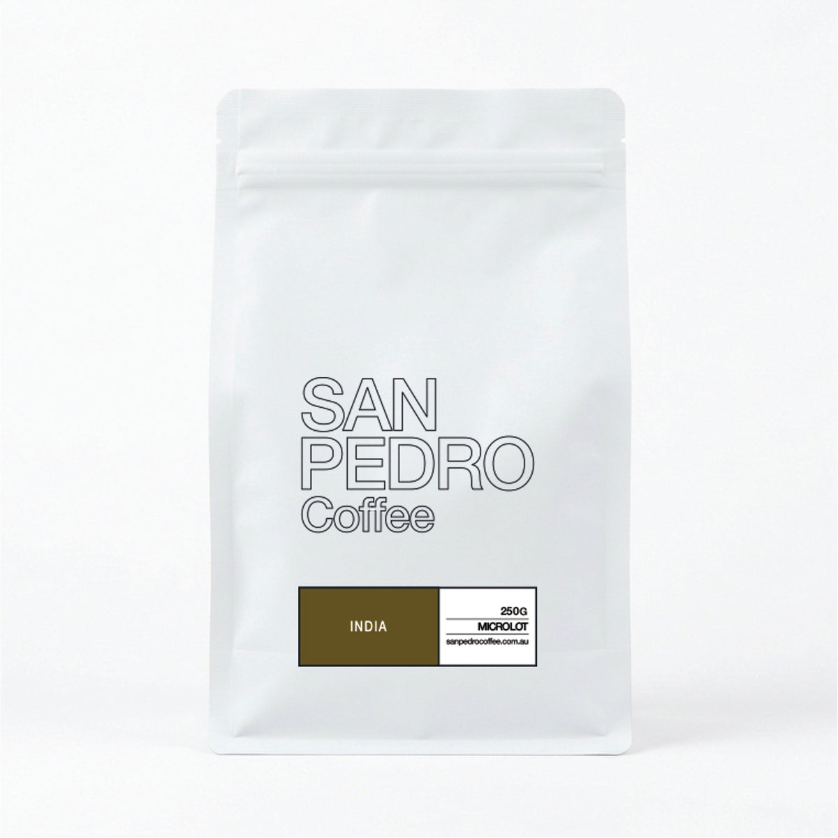A white stand-up coffee bag with the text 'SAN PEDRO Coffee' in outlined gray lettering and a dark blue label at the bottom that reads 'UGANDA'.