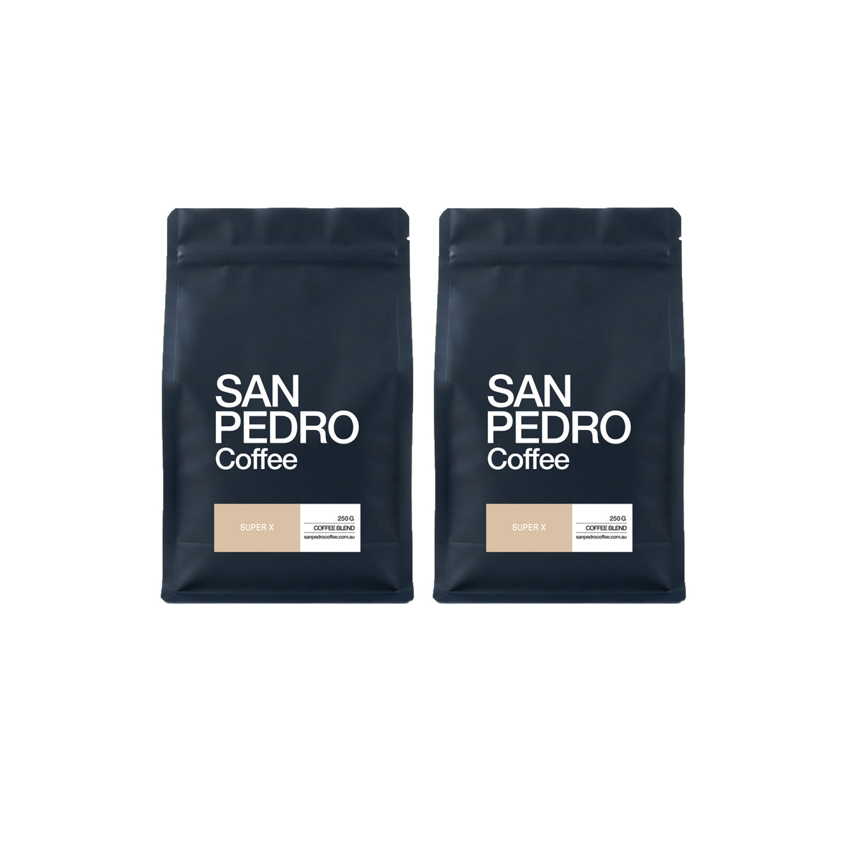 Two black San Pedro Coffee stand-up pouches on a plain white background, each with white branding and a small beige label near the bottom.