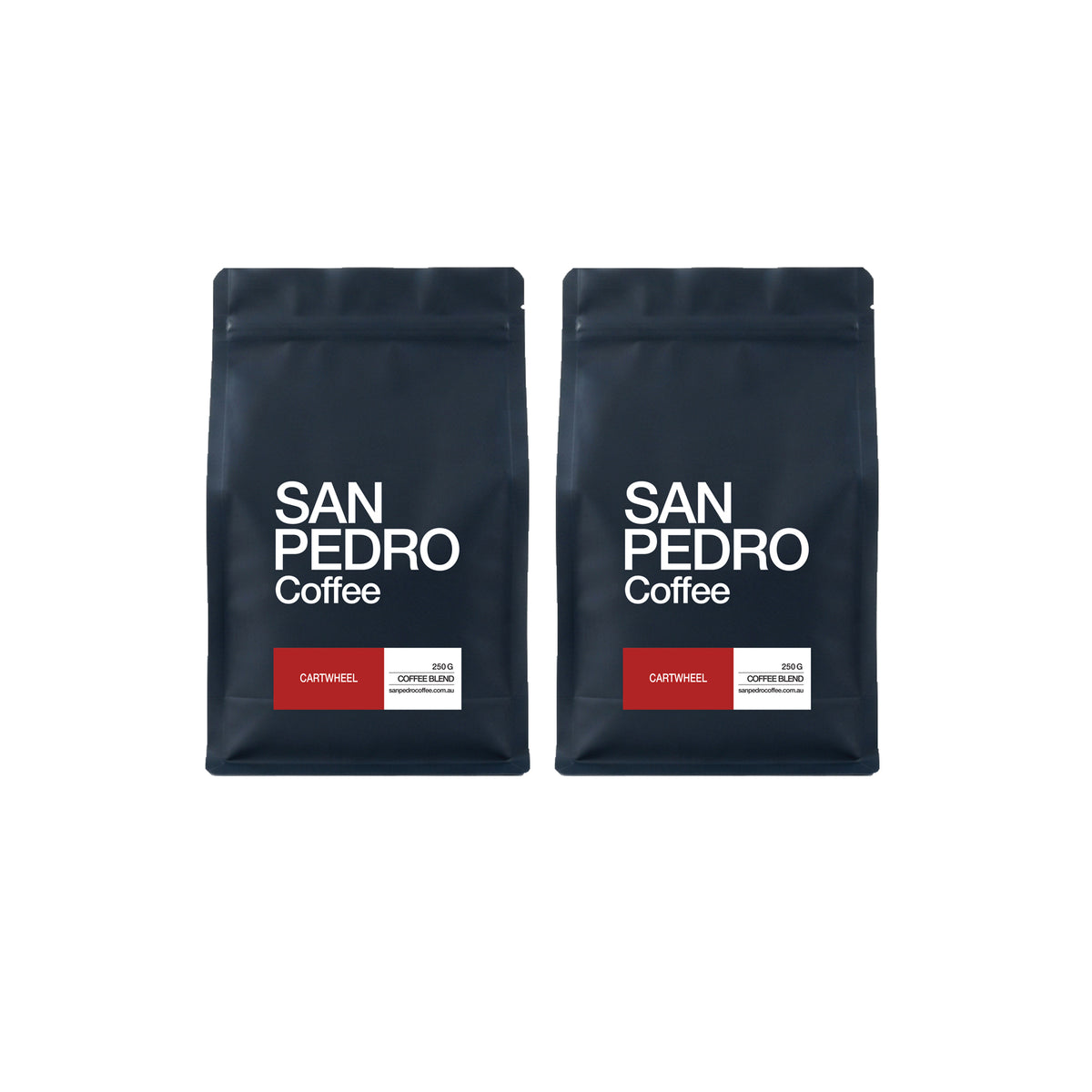 Two dark navy coffee bags labeled San Pedro Coffee, side by side on a plain white background.