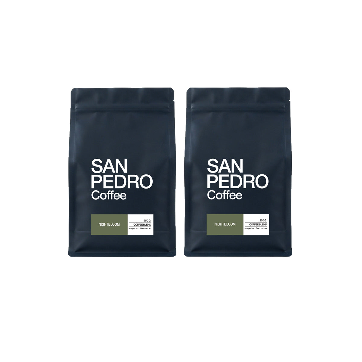 Two dark navy coffee bags labeled SAN PEDRO Coffee, shown side by side on a plain white background.