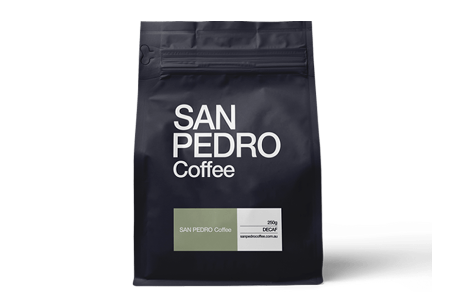 250g bag of DECAFFEINATED Swiss Water Coffee from San Pedro Coffee Roasters. Premium chemical-free decaf coffee beans with rich chocolate notes.