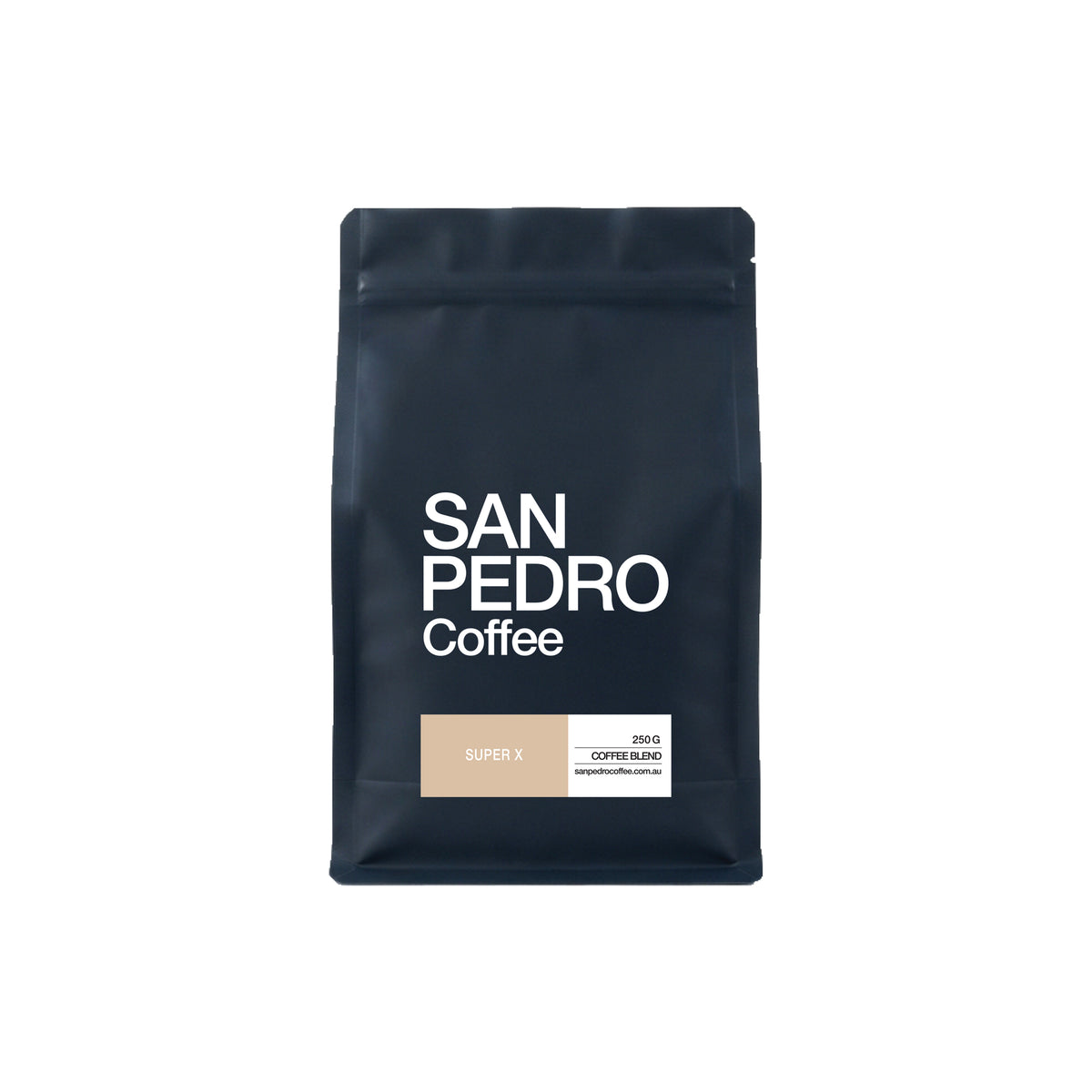 A dark navy blue stand-up coffee bag with white text reading 'SAN PEDRO Coffee' and a small beige and white label near the bottom, shown on a plain white background.