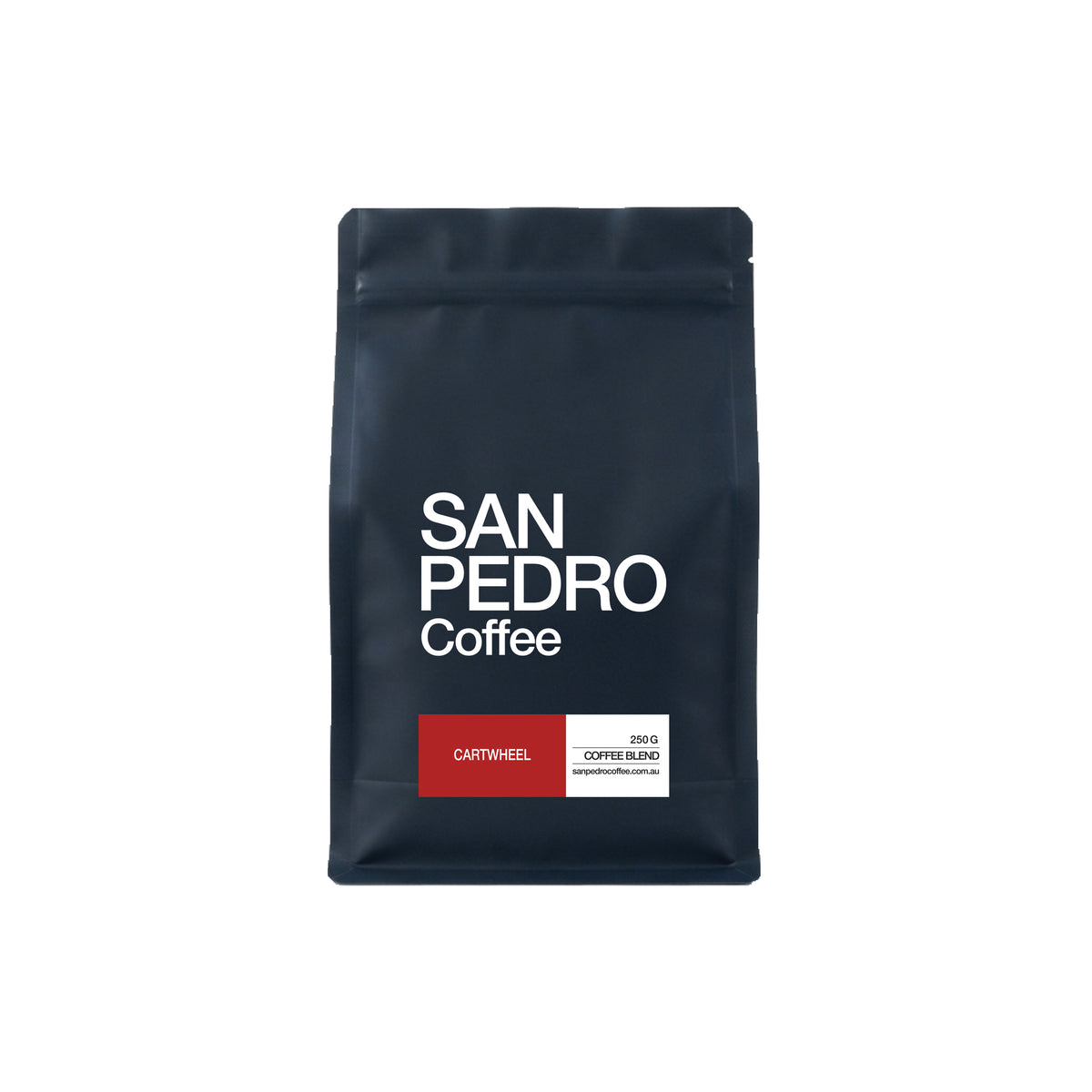 A dark navy blue stand-up coffee bag with white text reading 'SAN PEDRO Coffee' and a small red and white label near the bottom, shown on a plain white background.