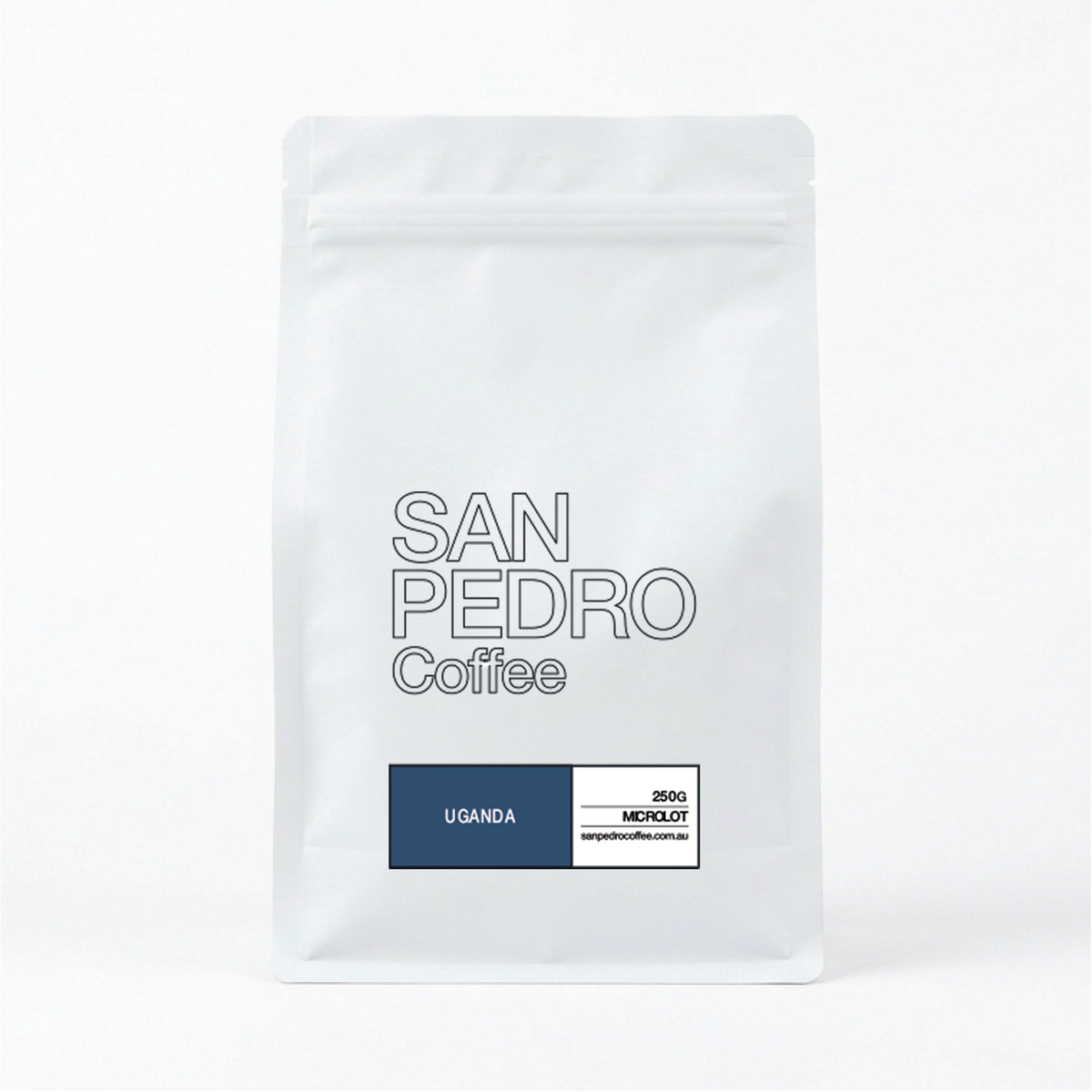 A white stand-up coffee bag with the text 'SAN PEDRO Coffee' in outlined gray lettering and a dark blue label at the bottom that reads 'UGANDA'.